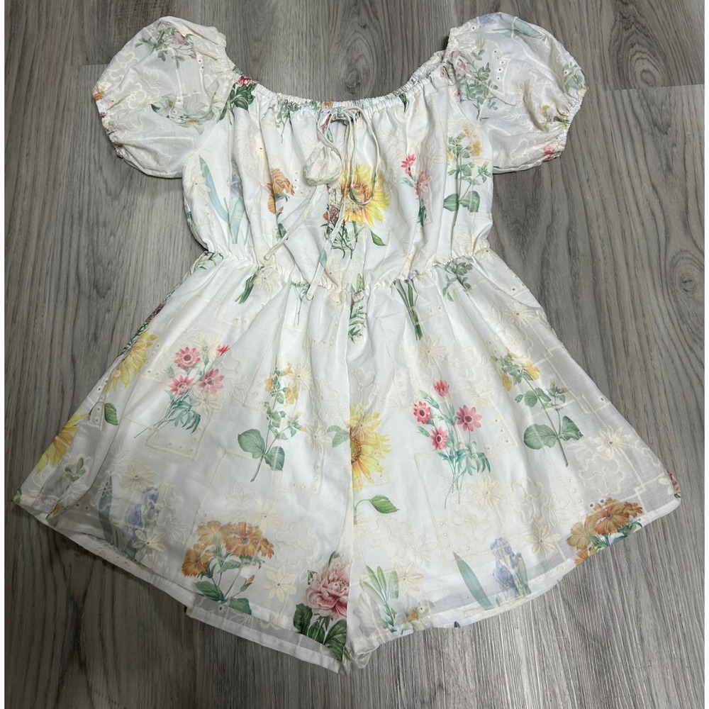 Petal + Pup White Floral Eyelet Romper Puff Sleeve Off Shoulder Medium Sunflower